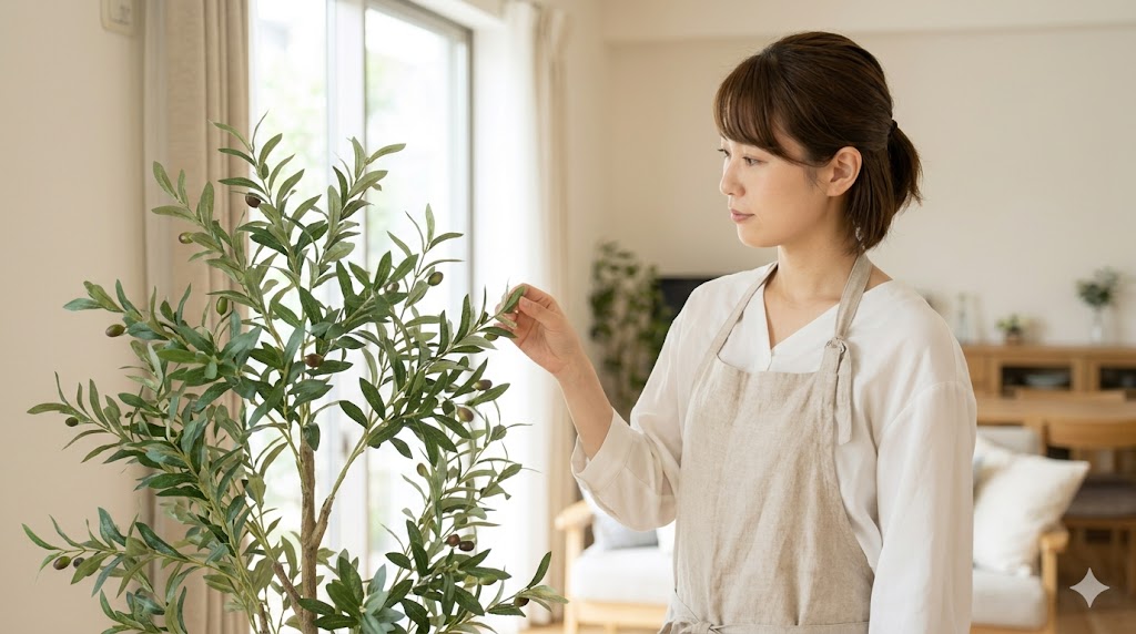 明るいリビングで、本物そっくりの人工観葉植物（オリーブの木）の葉に触れ、その質感を確かめる日本人女性。