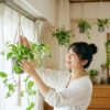100均の材料で作ったプラントハンガーを使い、日本のリビングで観葉植物を吊るす日本人女性の様子。窓からの光が緑を照らし、リラックスした雰囲気が伝わる。