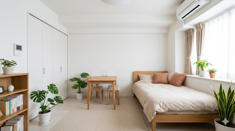 70:25:5の黄金比率を意識した、白をベースにオーク材とグリーンの観葉植物をアクセントにした、垢抜けた一人暮らしのレイアウト