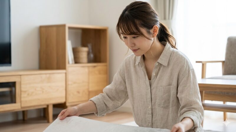 賃貸物件のフローリングに、カビ防止のための防湿シートを丁寧に敷く日本人女性の様子。