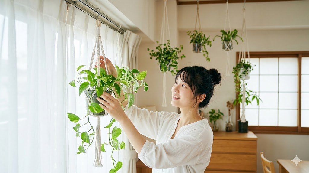 100均の材料で作ったプラントハンガーを使い、日本のリビングで観葉植物を吊るす日本人女性の様子。窓からの光が緑を照らし、リラックスした雰囲気が伝わる。