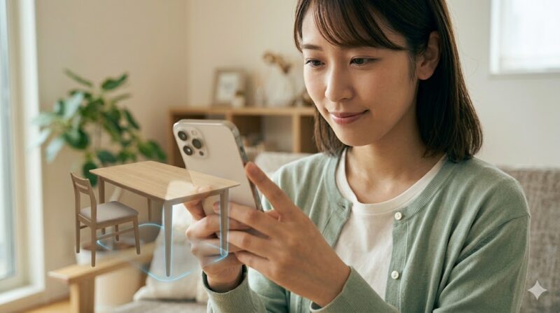 自宅の寝室でスマートフォンを使い、LOWYA ARアプリでベッドの試し置きをする日本人女性。実店舗で質感を確認した後、自宅でサイズ感と配置を最終チェックすることで、家具選びの失敗を防ぐ活用法を示している。