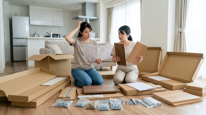 座面クッションが大きくへたり、中央が深く沈み込んだグレーの布製ソファ。アジア人の女性が残念そうな表情で、劣化の状態を確認している。