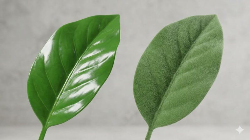 フェイクグリーンのリアルさを決める要因である、テカリを抑えたマットな質感の葉(右)と、安価なプラスチックの光沢がある葉(左)の比較画像。表面加工の違いが視覚的に理解できる。