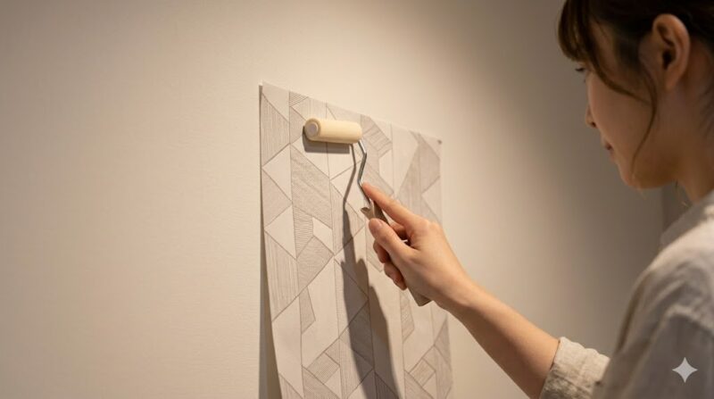 賃貸物件の壁に、専用ローラーを使って貼ってはがせるリメイクシートを強く圧着して貼り付けるDIY作業の様子。