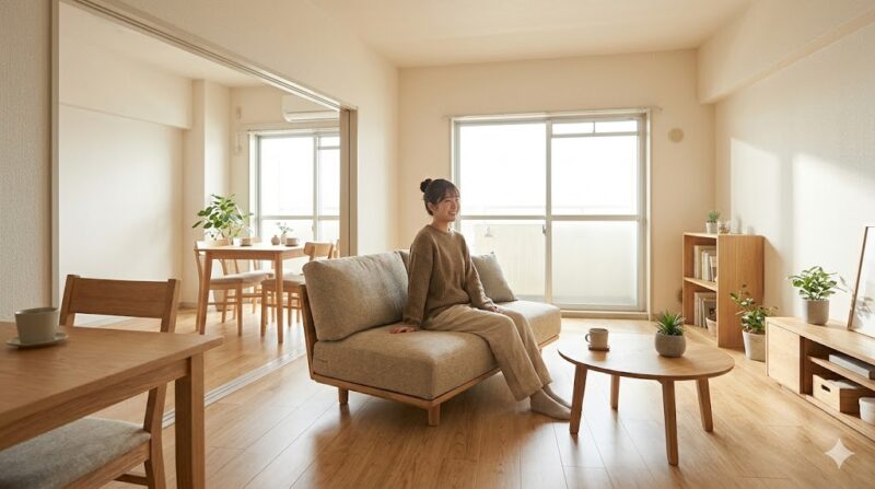 古い団地賃貸の2DKの間取りで、ダイニングキッチンと隣の和室を区切る襖を外し、1LDK風の広いリビングダイニングとしてつなげたレイアウト。低めのソファや家具を配置し、視覚的な広さと風通しを確保している。