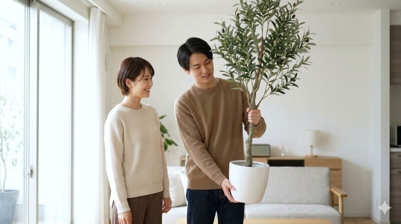 明るいリビングで、本物そっくりのフィカス・ウンベラータのフェイクグリーン(大型サイズ)を、日本人女性が素手で優しく整えている様子。ワイヤー入りの枝で自然な動きを出せる。