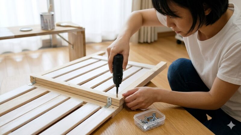 明るい日本の室内で、日本人女性の手元。100均ですのこを使い、電動ドライバーで小さな補強金具をビス留めして、壁掛けボードを自作している。すのこは一部白くペイントされ、DIYの様子が伝わる。