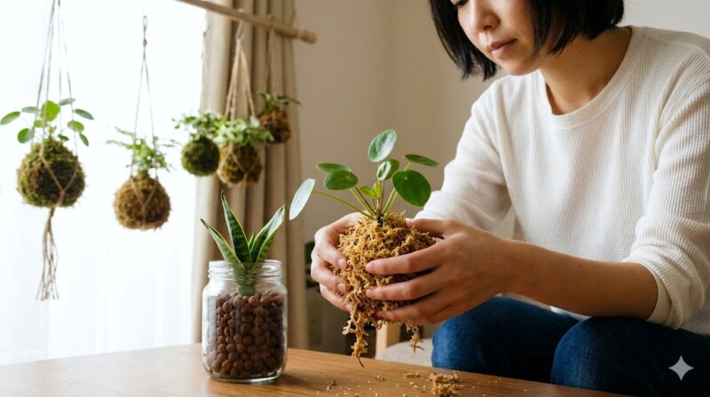 明るい日本の室内で、日本人女性の手元。100均の水苔を使い、小さな観葉植物(ピレア)の根元を丸く包んで苔玉を作っている。横にはハイドロカルチャーのガラス瓶も見える。窓際からは日光が差し込み、リラックスした雰囲気。