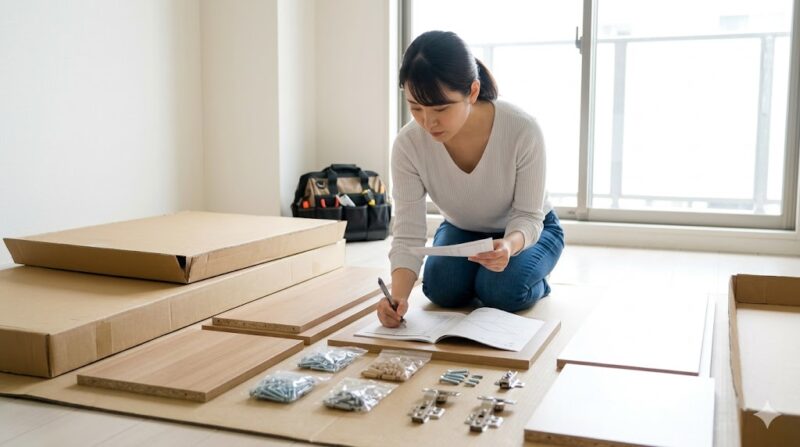 組み立て業者が到着する前に、段ボールを開封し、床一面に広げた家具のパーツを真剣な表情で検品する日本人の女性。部品の欠品や傷を事前に確認している。