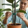 観葉植物の植え替え後、日本人男性が鉢の底まで深く達する支柱を立て、茎をビニタイで「8の字結び」にして固定している様子。力学的な安定感。