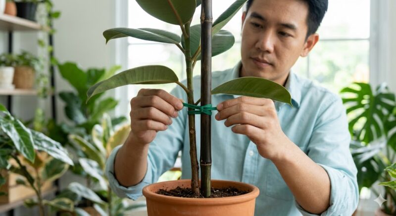 観葉植物の植え替え後、日本人男性が鉢の底まで深く達する支柱を立て、茎をビニタイで「8の字結び」にして固定している様子。力学的な安定感。