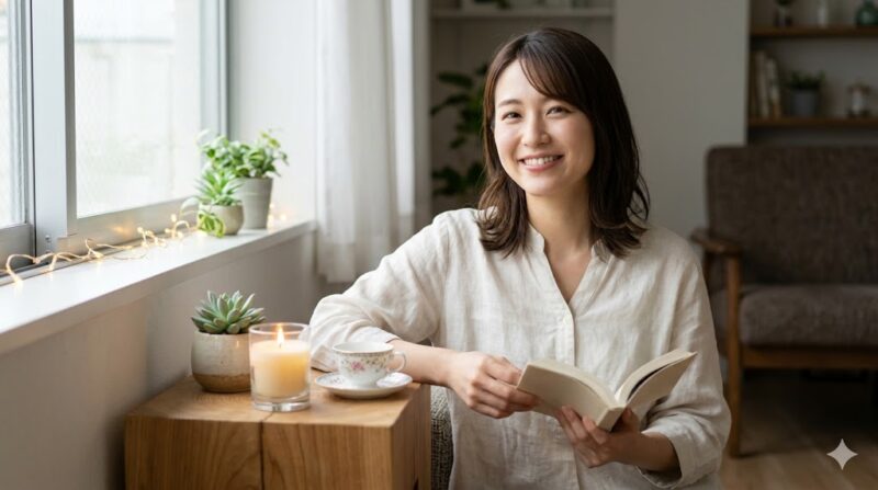 窓辺に作られた、お気に入りのアロマキャンドルや観葉植物、小さな本を並べた、ホッとする日本人女性の癒しのコーナー。