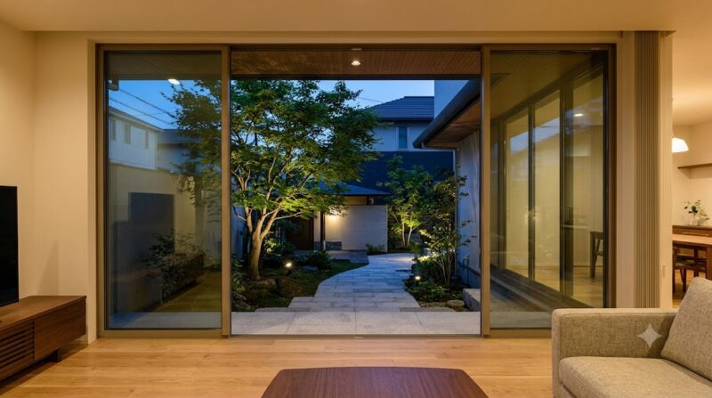 夜、リビングから眺める美しくライトアップされた日本の高級住宅の庭。計算された植栽とアプローチが、住人の豊かな時間と高い環境管理能力を示している。