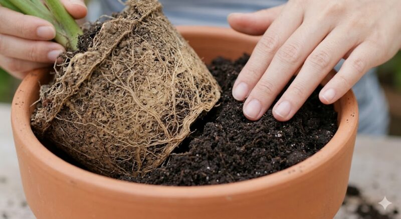 観葉植物の植え替え時に、古い土と根の塊（根鉢）と、新しい柔らかい土の間に物理的な隙間ができてしまう様子。