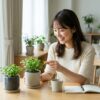 明るい自宅リビングで、アンドグリーン（＆Green）の小さな観葉植物（パフカル植え）を嬉しそうに眺め、手入れをする笑顔の日本人女性。自然光が差し込み、リラックスした雰囲気を伝える。