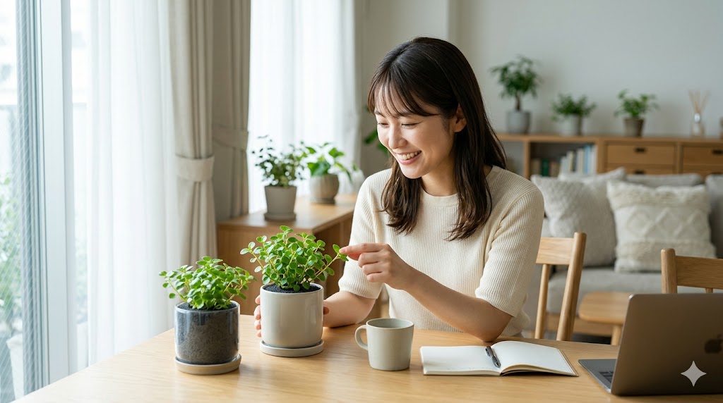 明るい自宅リビングで、アンドグリーン（＆Green）の小さな観葉植物（パフカル植え）を嬉しそうに眺め、手入れをする笑顔の日本人女性。自然光が差し込み、リラックスした雰囲気を伝える。