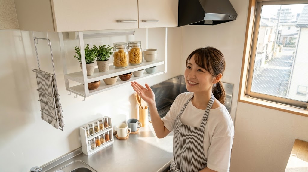 賃貸キッチンに設置されたおしゃれな白い吊り棚を見上げて微笑む日本人女性。デッドスペースを有効活用している様子。