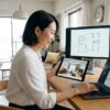 自宅のデスクで、タブレットに表示された3Dインテリアパースを顧客に説明する、日本人オンライン・インテリアコーディネーター。遠隔でのヒアリングと提案を行う様子