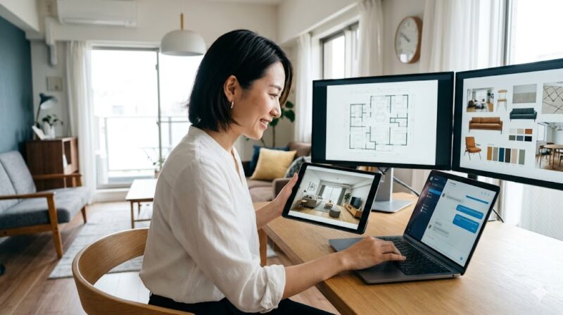 自宅のデスクで、タブレットに表示された3Dインテリアパースを顧客に説明する、日本人オンライン・インテリアコーディネーター。遠隔でのヒアリングと提案を行う様子。