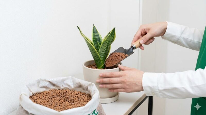 コバエ対策として観葉植物を清潔な無機質用土（赤玉土）へ植え替える作業。