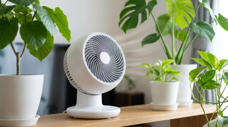 明るい昼間の室内で、木製の棚に置かれた小型で清潔感のある白いサーキュレーターが稼働しており、近くにある健康的なフィカス・ウンベラータやモンステラの葉を優しく揺らして風通しを良くしている様子。