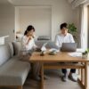 日本の1LDKアパートで、ソファダイニングを活用してテレワークをする日本人カップル。食事、くつろぎ、仕事の空間を一つに統合し、スペースを有効活用している。