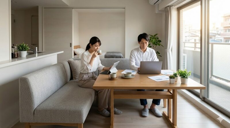 日本の1LDKアパートで、ソファダイニングを活用してテレワークをする日本人カップル。食事、くつろぎ、仕事の空間を一つに統合し、スペースを有効活用している。