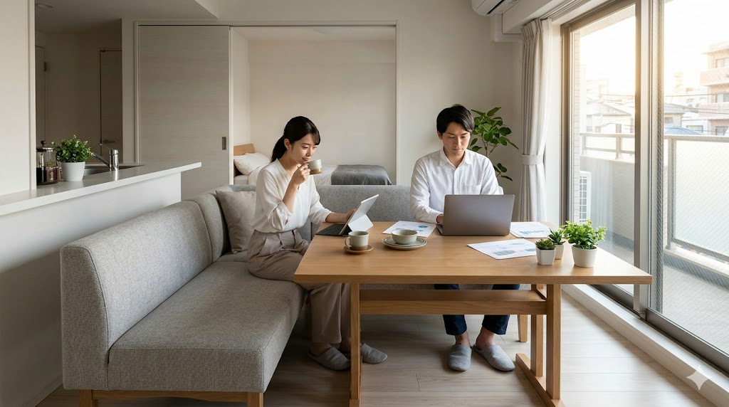 日本の1LDKアパートで、ソファダイニングを活用してテレワークをする日本人カップル。食事、くつろぎ、仕事の空間を一つに統合し、スペースを有効活用している。
