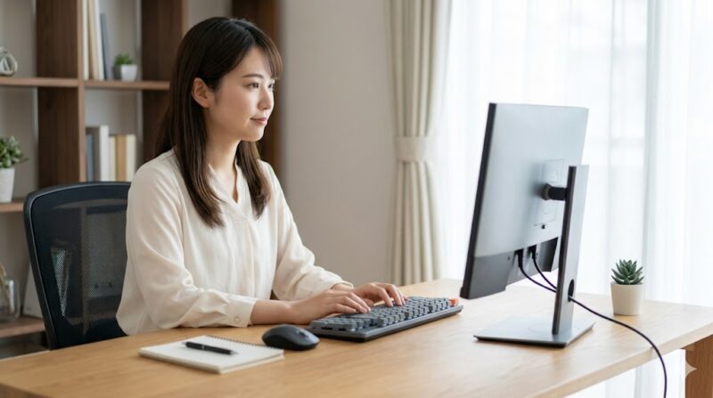 整頓されたデスクで集中して作業する日本人女性。すっきりした空間が効率的な仕事をサポートしている。
