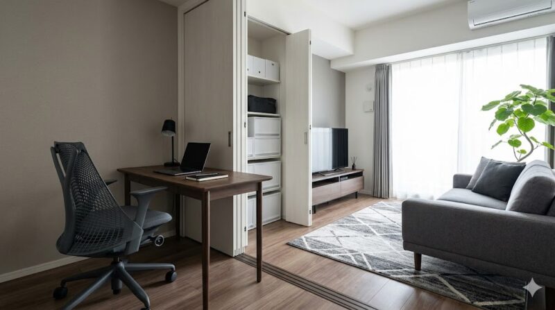 日本人の男性が住む、戦略的ミックスインテリアの部屋。ニトリのシンプルな収納で生活感を隠し、LOWYAのデザインソファを主役に配置。さらに、ハーマンミラーのセイルチェア（高級ワークチェア）へ「一点投資」することで、全体の高級感を高めている。