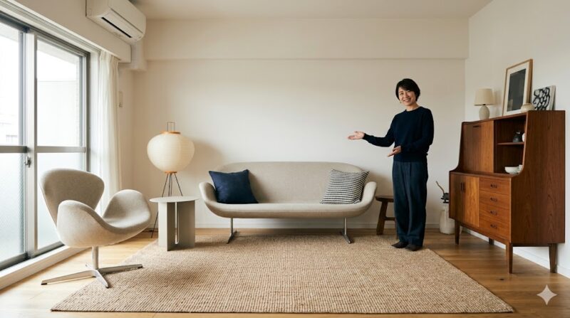 日本人フリーランス・インテリアコーディネーターが提案する、高級ソファ、ヴィンテージ家具、量販店のラグを組み合わせた、ブランドに縛られない自由なミックススタイルのリビングルーム。