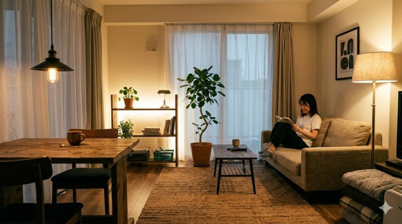 白いシーリングライトを消し、電球色のペンダントライトや間接照明を組み合わせることで、光と影のコントラストが生まれ、素材の質感が際立つ大人の雰囲気のカフェ風リビング。