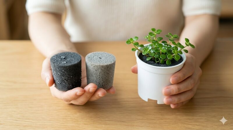 アンドグリーン（＆Green）で使用される、土の代わりのスポンジ状素材「パフカル」の拡大写真。左は水を含んだパフカル、右は乾燥したパフカル。女性の手が、清潔で軽量な素材特性を実証している。