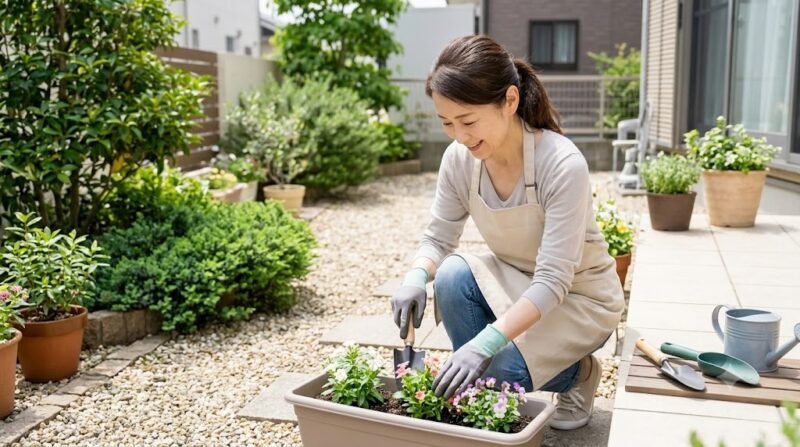 日当たりの良い日本の自宅庭で、笑顔でガーデニングを楽しむアジア人女性。整理された空間と道具が心の余裕を感じさせる。