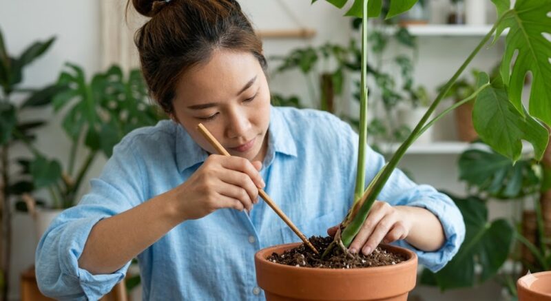 観葉植物の植え替え後、日本人女性が割り箸を使って鉢のフチの土をツンツンと突き、新しい土と根の塊の隙間を埋めている様子。