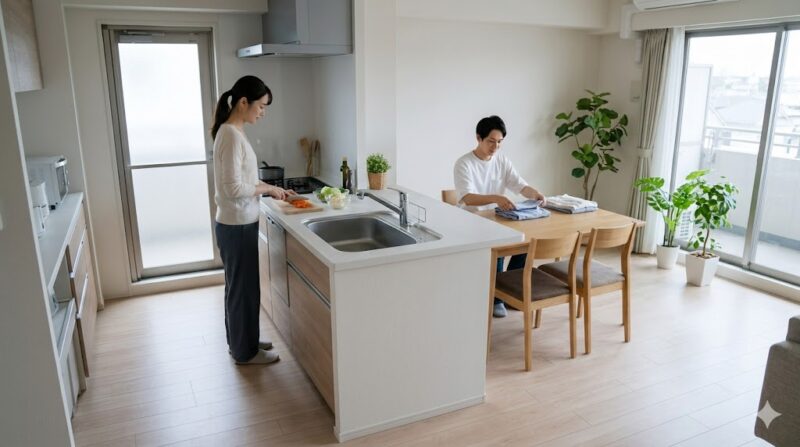 1LDKのアパートで家事を分担する日本人カップル。キッチンとダイニングの間の広い通路が、効率的な家事動線を示している。