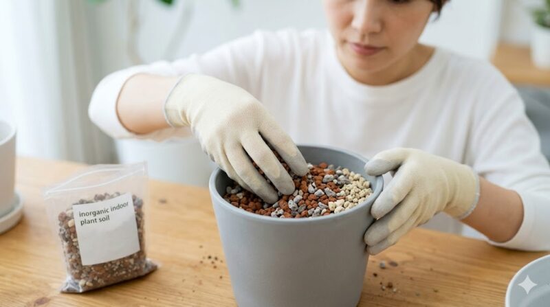 明るい自然光の中、手袋をはめた女性の手が、木製の作業台で赤玉土、軽石、鹿沼土といった無機質の土壌成分を混ぜ合わせ、新しいグレーの鉢に入れている接写写真。清潔で、虫の発生源となる有機物を含まない土作り。