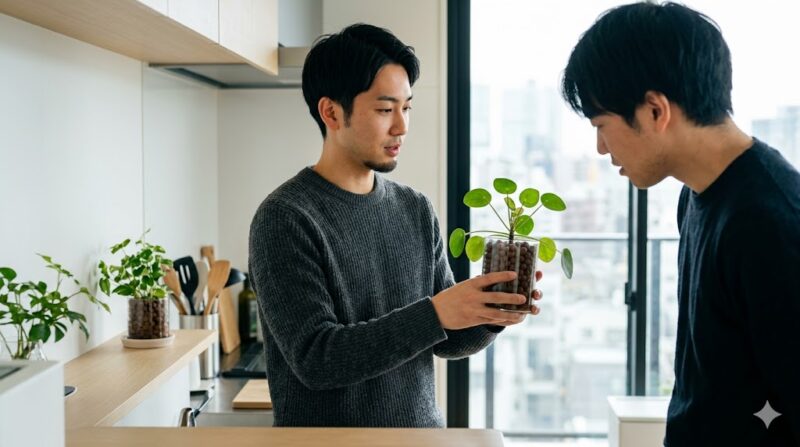 東京のアパートで、清潔なキッチンカウンターでハイドロカルチャーの観葉植物を友人に紹介する日本人男性。