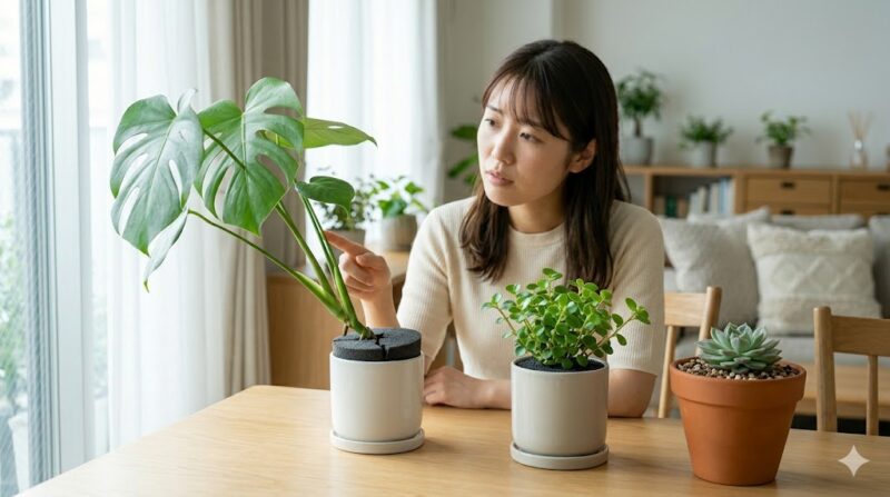 明るい室内で、パフカル（土なし）に植えられたが、安定感がなく少し傾いた大型のモンステラと、従来の土に植えられて元気に育つ多肉植物（エケベリア）の比較写真。日本人女性が不安定なモンステラを心配そうに見ている。パフカルの不向きな例を示す。