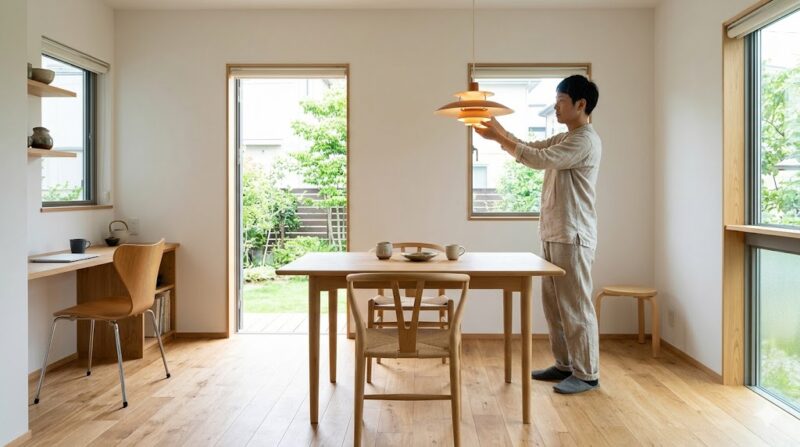 自然光が差し込む日本のミニマルな住宅で、本物の北欧家具を選ぶ様子。フリッツ・ハンセンやカール・ハンセン＆サンなどの伝統的な木製椅子（Yチェア、セブンチェア）が配置され、日本人男性がルイスポールセン風の照明を調整している。