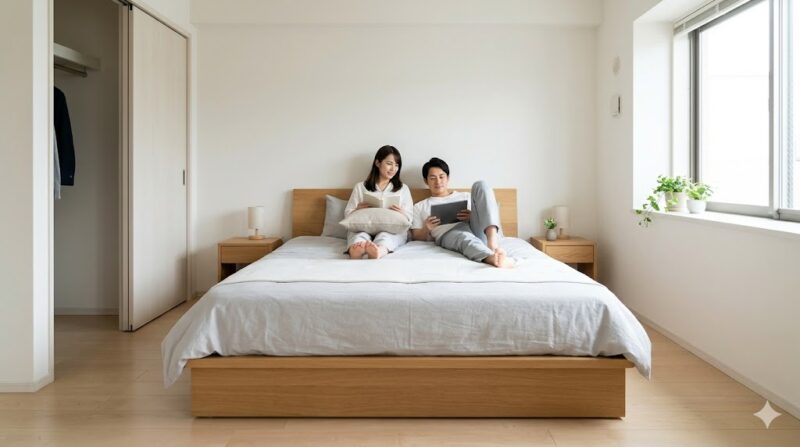 6畳の寝室中央に配置されたクイーンサイズベッド。両サイドに通路が確保され、日本人カップルが快適に睡眠環境を整えている。
