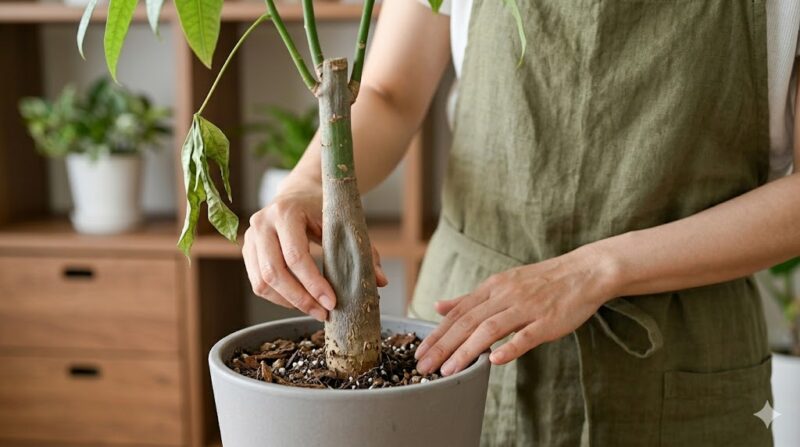 鉢植えのパキラの幹の根元がブヨブヨと柔らかくなっている状態を確認し、指で軽くつまんで感触を確かめる日本人女性の手元。