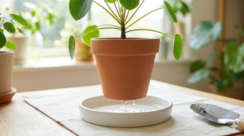 明るい窓辺で、植え替え直後のピレア・ペペロミオイデスの鉢から、微塵が抜け、澄んだ初期灌漑水が受け皿に流れ出ている様子。