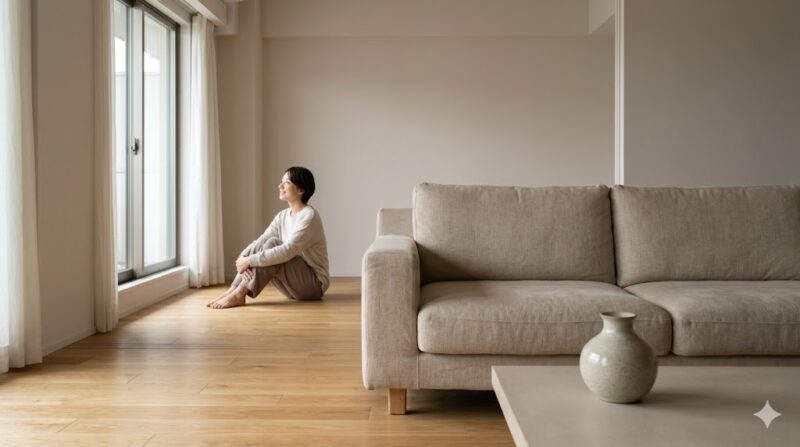明るく穏やかな日本のミニマルなリビングルームで、窓の外を眺めながらリラックスする日本人女性。彼女の精神的な聖域（サンクチュアリ）としての心地よい空間。
