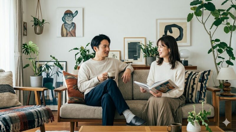 洗練された居心地の良いリビングルームでリラックスして会話を楽しむ、センスの良い日本のカップル。彼らの自己管理能力と精神的な余裕を象徴する空間。
