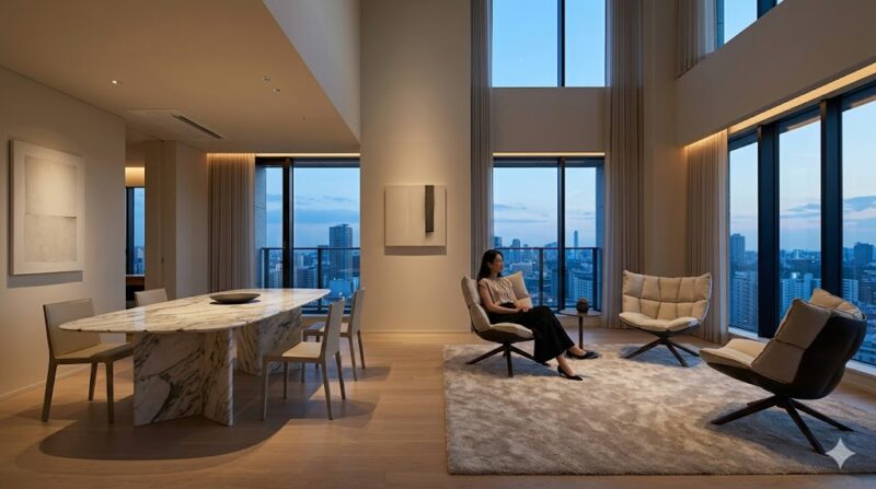 夕暮れの街並みを望む高級モダンな日本のマンション。カッシーナやB&B Italiaなどの彫刻的な海外ブランド家具（ソファ、ダイニングテーブル）が配置され、洗練された空間を日本人女性が楽しんでいる。