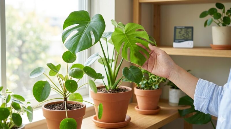 明るい窓辺の棚に並べられた、5月から9月の生育期に新しい葉を伸ばして生き生きと成長する、モンステラやピレアなどの健康な観葉植物。