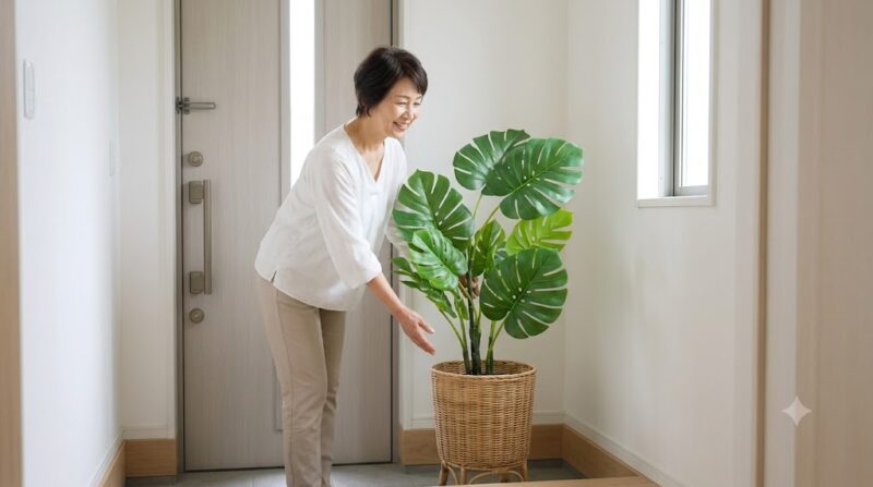 明るい日本の自宅玄関で、高品質なフェイクグリーンの鉢植えを笑顔で整えるアジア人女性。手入れ不要で常に美しい緑が、心のゆとりを保つコツ。
