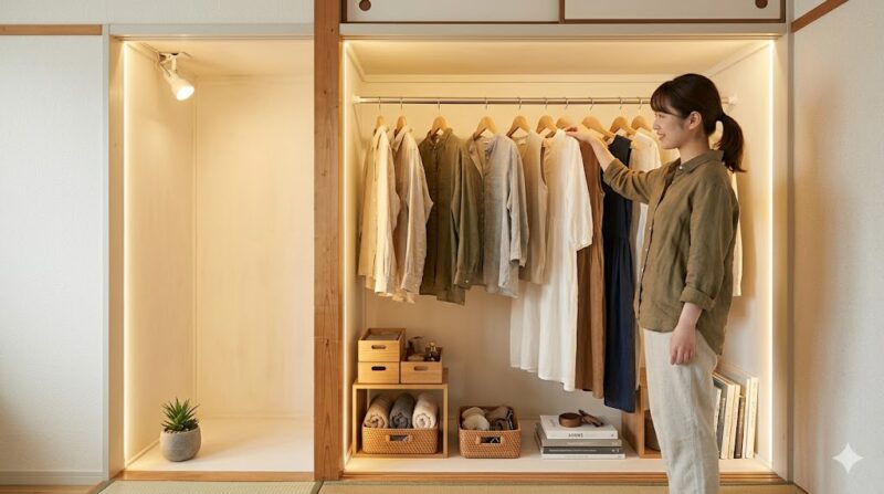 古い団地賃貸の押入れの襖を外し、突っ張りハンガーラックとカラーボックス、照明を追加して、おしゃれなオープンクローゼット（見せる収納）として活用するアイデアの実例。アジア人女性が服を選んでいる。